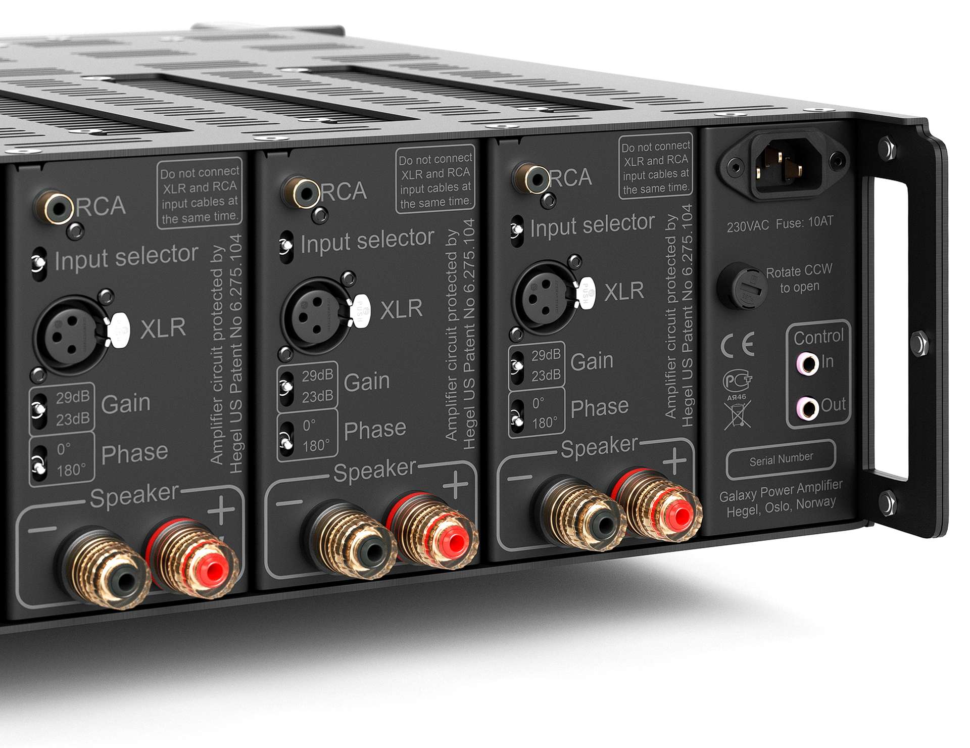 Hegel C53, C54 and C55 multichannel power amplifier rear panel connections