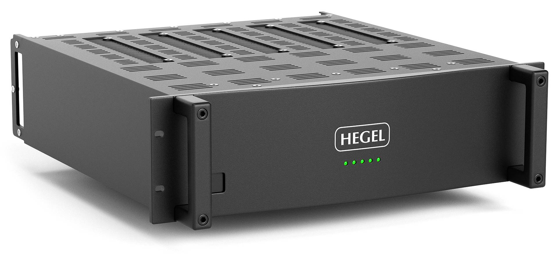 Hegel C53, C54 and C55 multichannel power amplifier, front three-quarter view